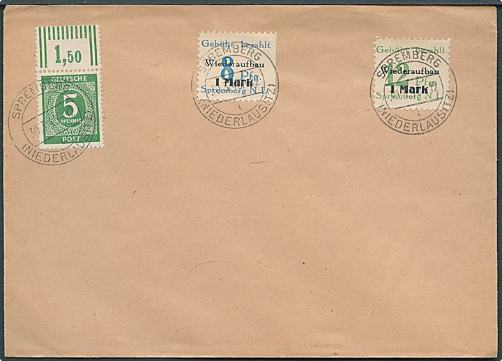 Spremberg. 1 mk. Wiederaufbau/8 pfg. og 1 mk. Wiederaufbau/12 pfg. Lokal udg., samt 5 pfg. Ciffer på uadresseret kuvert stemplet Stpremberg (Niederlausitz) d. 30.3.1946.
