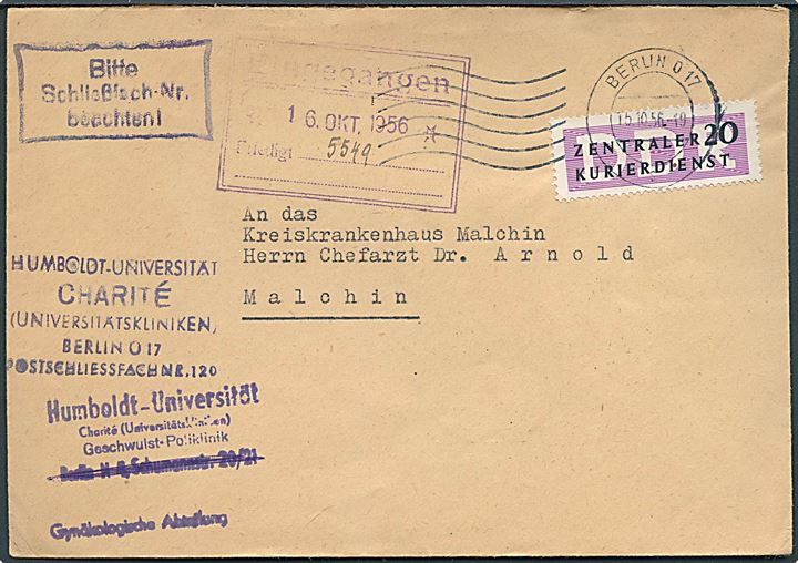Zentraler Kurierdienst 20 mærkat på tjenestebrev fra Berlin d. 15.10.1956 til Malchhin.