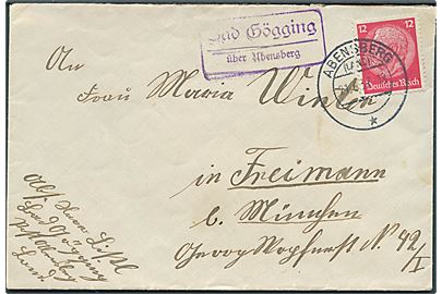 12 pfg. Hindenburg på brev stemplet Abensberg (Land) d. 21.6.1937 og sidestemplet Bad Gögging über Abensberg til München.