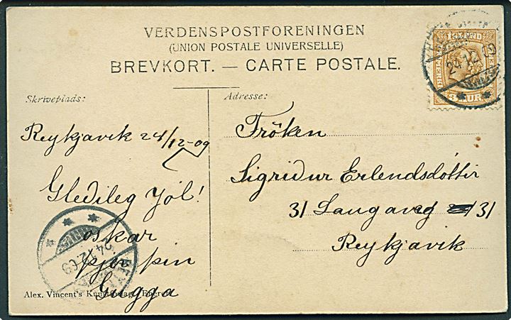 3 aur To Konger på lokalt brevkort (Kronprins Christian) stemplet Reykjavik d. 24.12.1909.