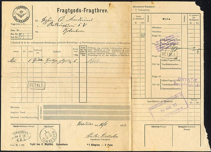 Danske Statsbaner Fragtgods-Fragtbrev stemplet TJÆREBORG * J.F.J. * og Vejestemplet Tjæreborg d. 20.8.1892 til Kjøbenhavn.