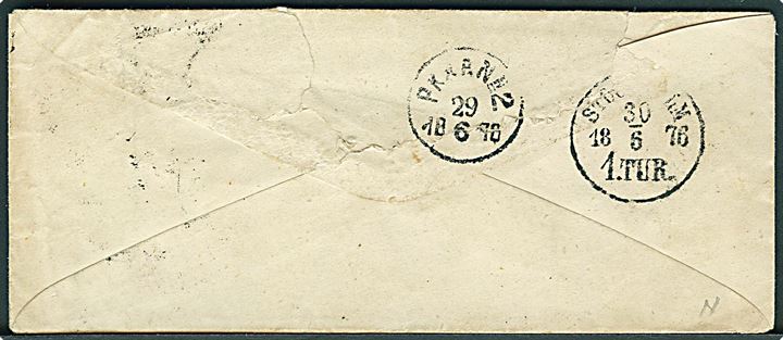 12 øre Tofarvet 3. tryk tyk omv. ramme single på brev annulleret med svensk bureaustempel PKXP No. 2 UPP d. 29.6.1876 til Stockholm, Sverige.