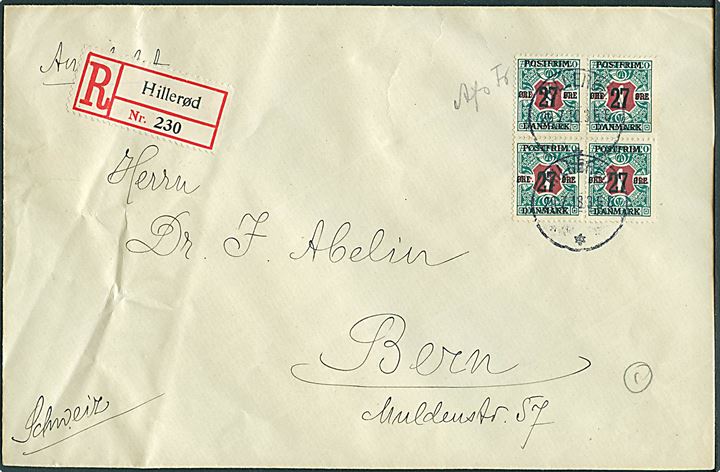 27 øre/1 kr. Provisorium i fireblok på anbefalet brev fra Hillerød d. 29.7.1918 til Bern, Schweiz. Påskrevet Afs. Fr..