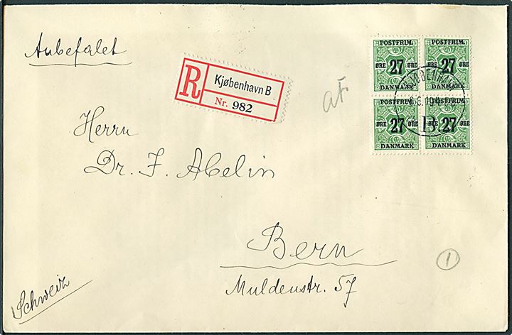 27/20 øre Provisorium i fireblok på anbefalet brev fra Kjøbenhavn d. 6.3.1919 til Bern, Schweiz. Påskrevet AF.