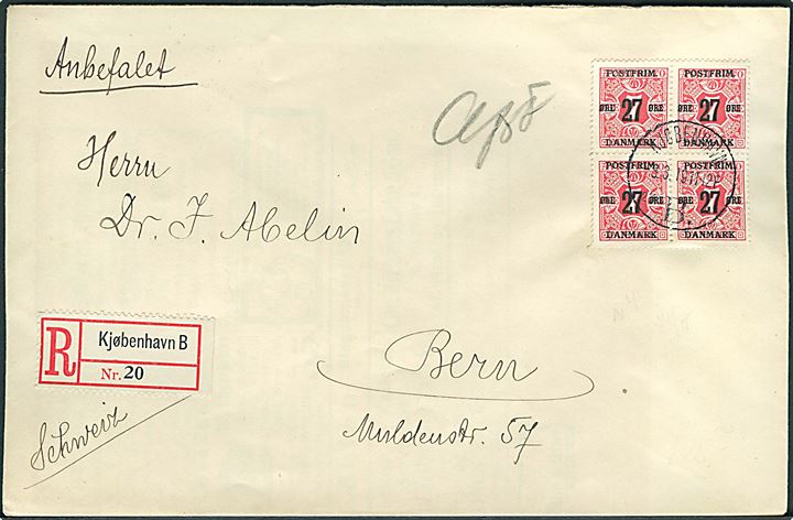 27/7 øre Provisorium i fireblok på anbefalet brev fra Kjøbenhavn d. 3.3.1919 til Bern, Schweiz. Påskrevet AfsF.