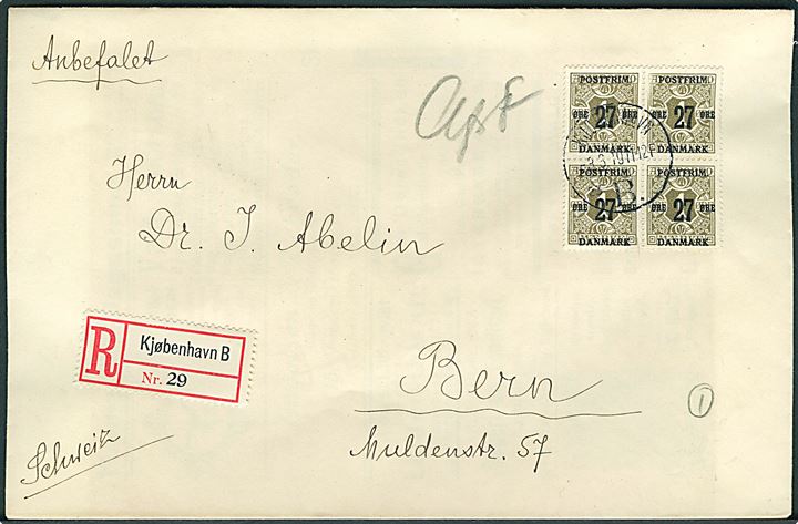 27/1 øre Provisorium i fireblok på anbefalet brev fra Kjøbenhavn d. 3.3.1919 til Bern, Schweiz. Påskrevet AfsF.
