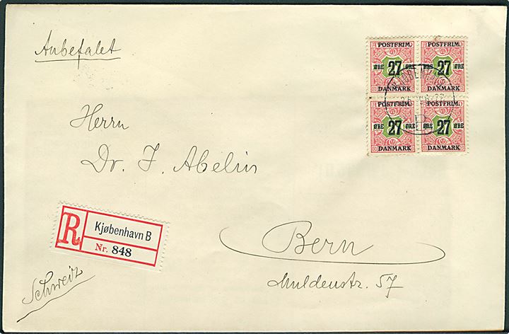 27 øre/5 kr. Provisorium i fireblok på anbefalet brev fra Kjøbenhavn d. 3.5.1919 til Bern, Schweiz.