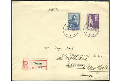 10 øre og 30 øre Thorvaldsen på anbefalet brev fra Saunte d. 25.3.1939 til M/S Kungsholm i Göteborg, Sverige - eftersendt til New York, USA.
