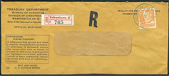 80 øre Fr. IX på amerikansk rudekuvert sendt anbefalet fra den amerikanske ambassade i København d. 24.8.1960.