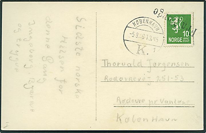 10 øre Løve på brevkort (Aftenstemning ved Svolvær) annulleret med skibsstempel Fra Norge og sidestemplet København d. 5.8.1936 til Rødovre pr. Vanløse, Danmark.
