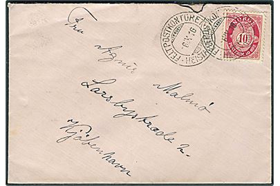 10 øre Posthorn på brev annulleret Feltpostkontoret * Heistadmoen * d. 6.9.1916 til København, Danmark.
