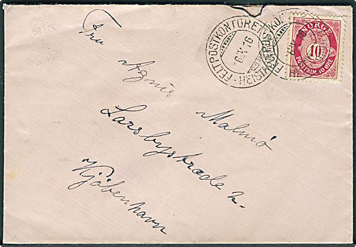 10 øre Posthorn på brev annulleret Feltpostkontoret * Heistadmoen * d. 6.9.1916 til København, Danmark.