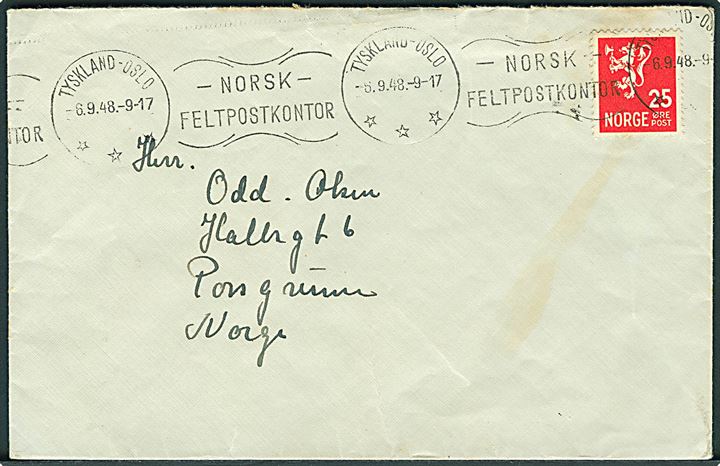 25 øre Løve på brev stemplet Tyskland - Oslo / Norsk Feltpostkontor d. 6.9.1948 til Porsgrunn, Norge. Fra soldat ved Oppkl. Esk. 1. Brig. 482 i Tyskland. 