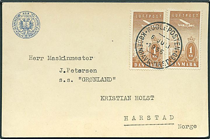 1 kr. Luftpost (2) på brevkort annulleret med særstempel Kuglepost * København - Næstved d. 5.7.1935 til maskinmester ombord på S/S Grønland i Harstad, Norge.