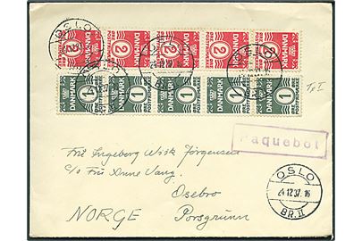 1 øre og 2 øre Bølgelinie i 5-striber på brev fra Rødovre annulleret med norsk stempel Oslo d. 24.12.1937 og sidestemplet Paquebot til Porsgrunn, Norge.
