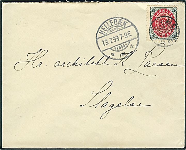 8 øre Tofarvet omv. rm. på brev annulleret med stjernestempel HORNBÆK og sidestemplet Hellebæk d. 19.7.1899 til Slagelse.