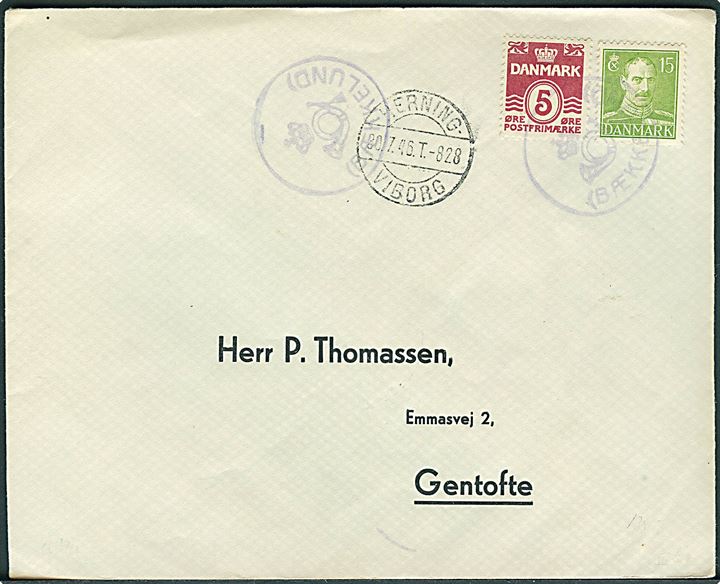 5 øre Bølgelinie og 15 øre Chr. X på filatelistisk kuvert annulleret med posthornstempel (BÆKKELUND) og sidestemplet Herning - Viborg T.828 d. 30.7.1948 til Gentofte.