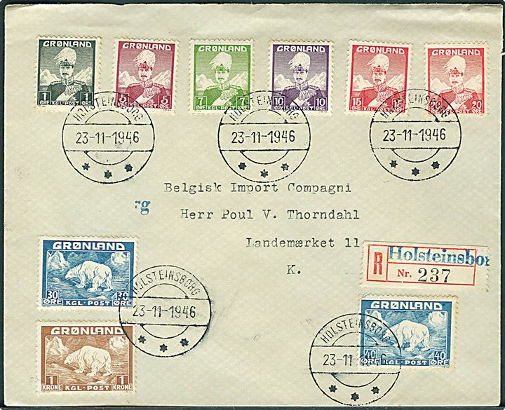 Komplet sæt Chr. X og Isbjørn udg. på anbefalet brev fra Holsteinsborg d. 23.11.1946 til København. Bagklap mangler.