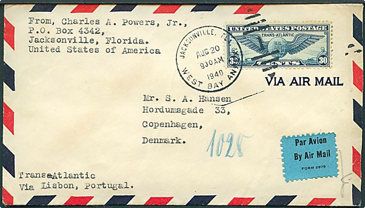 30 cents Winged Globe single på luftpostbrev fra Jacksonville d. 20.8.1940 til København, Danmark. Påskrevet: Transatlantic via Lisbon, Portugal. Åbnet af tysk censur.