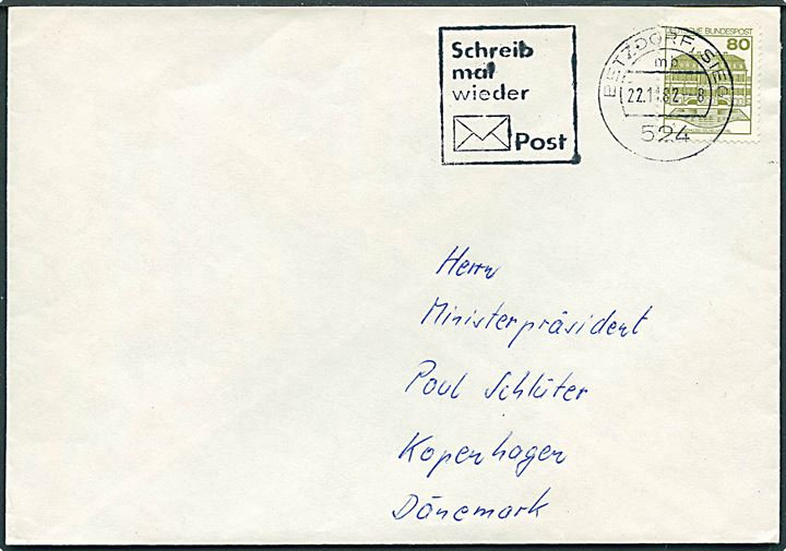 Tysk 80 pfg. på brev fra Betzdorf d. 22.11.1982 til Ministerpräsident Poul Schlüter i København. Poul Schlüter var statsminister fra 1982-1993. Uden afsender.
