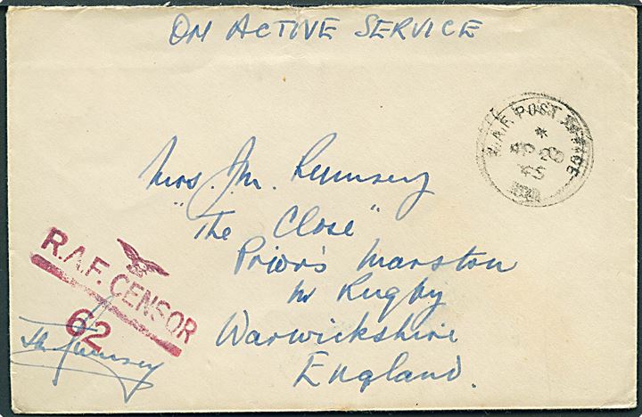 Ufrankeret OAS brev med svagt stempel R.A.F. Post Office 001 (= Reykjavik) d. 20.4.1945 til Rugby England. Rødviolet censur: R.A.F. Censor 62.