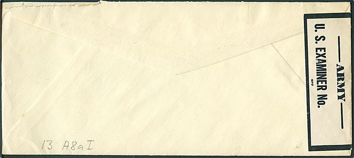 Amerikansk Free Mail brev stemplet U.S. Army Postal Service A.P.O. d. 2.4.1943 til New York, USA. Fra Chaplain (Capt.) Harold O. Prudell, 2nd Infantry APO 5 (= Baldurshagi). Censureret med fortrykt banderole: Opened by - Army - U. S. Examiner med stempel Passed by US Base Examiner 0095.