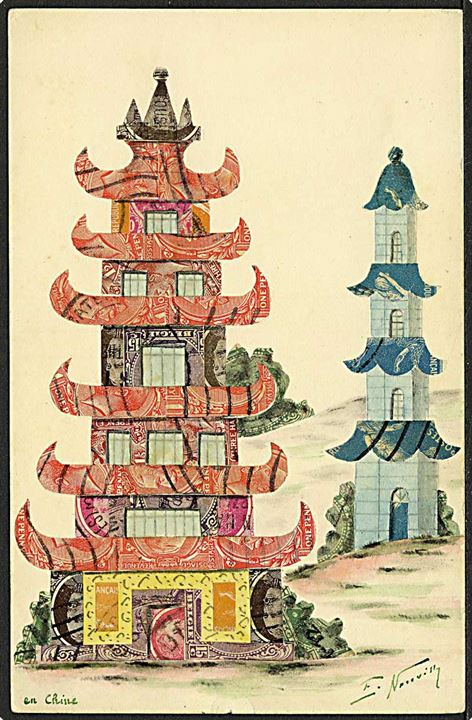 Kinesisk pagode lavet af frimærker. U/no.
