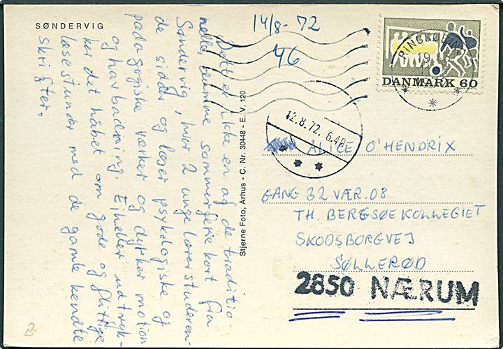 60 øre Sport på brevkort fra Ringkøbing d. 19.8.1972 til Søllerød. Adresse korrigeret med stempel 2850 Nærum.