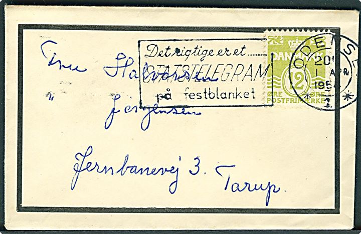12 øre Bølgelinie på lille sørgebrev sendt som lokal tryksag i Odense d. 1.4.1954.