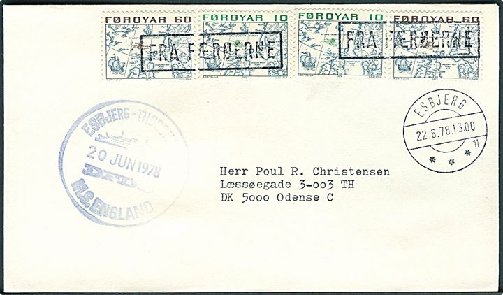 10 øre (2) og 60 øre (2) Landkort på brev annulleret med skibsstempel Fra Færøerne og sidestemplet Esbjerg d. 22.6.1978 til Odense. Privat skibsstempel: Esbjerg - Thorshavn DFDS M.S. England d. 20.6.1978. 