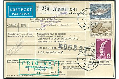 6 kr. Tupilak, 10 kr. Hvalros og 25 kr. Torsk på adressekort for luftpostpakke fra Julianehåb d. 1.3.1983 til København.