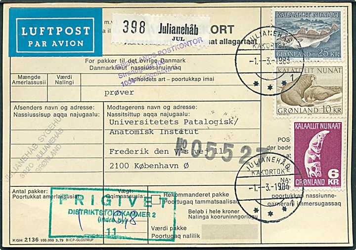 6 kr. Tupilak, 10 kr. Hvalros og 25 kr. Torsk på adressekort for luftpostpakke fra Julianehåb d. 1.3.1983 til København.