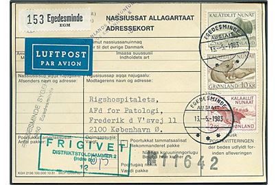 2 kr. 1000 års udg., 10 kr. Hvalros og 25 kr. Moskusokse på adressekort for luftpostpakke fra Egedesminde d. 13.5.1983 til København.