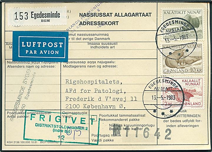 2 kr. 1000 års udg., 10 kr. Hvalros og 25 kr. Moskusokse på adressekort for luftpostpakke fra Egedesminde d. 13.5.1983 til København.