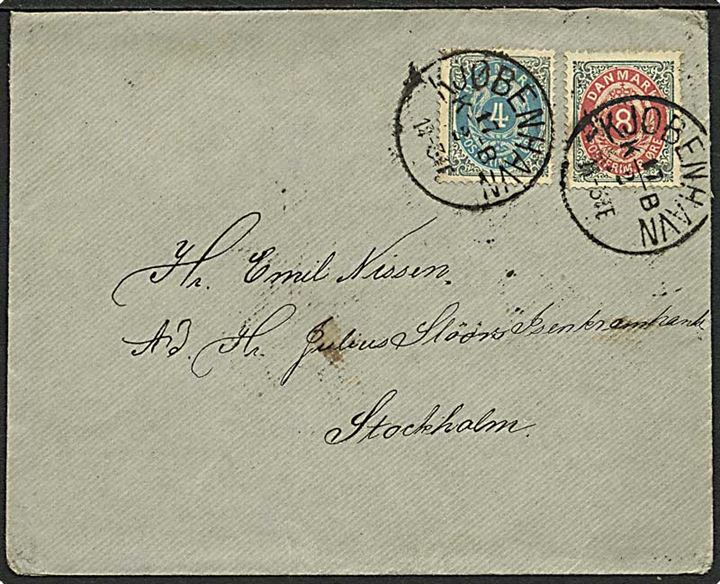 4 øre og 8 øre Tofarvet på pænt 12 øre frankeret brev fra Kjøbenhavn KB d. 17.2.1885 til Stockholm, Sverige.