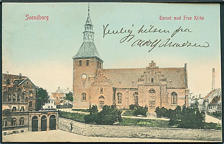 Torvet med Frue Kirke, Svendborg. Warburgs Kunstforlag no. 961.