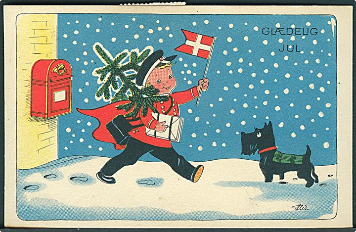 Ellis Hansen: Glædelig Jul. Posten med flag, træ og breve. Wilkig & Landsbo no. 886. 