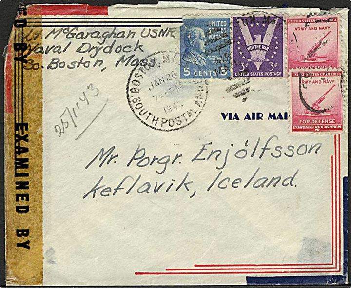 Amerikansk 12 cents blandingsfrankeret luftpostbrev fra Boston d. 26.1.1943 til Keflavik, Island. Åbnet af amerikansk censur 8454