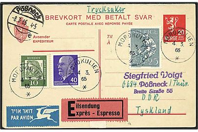 20+20 øre helsags dobbeltbrevkort opfrankeret med svensk, øst- og vesttyske mærker og sendt som ekspres-luftpost tryksag fra  Nordkulien d. 4.3.1965 til Pössneck, Østtyskland.