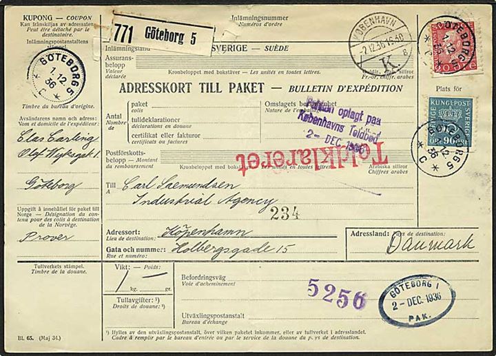 20 öre Gustaf og 90 öre Posthorn på internationalt adressekort for pakke fra Göteborg d. 1.12.1936 til København, Danmark.