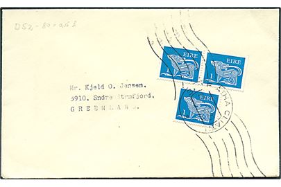 1d (3) på brev annulleret med håndrullestempel i Dublin d. 27.1.1973 til Sdr. Strømfjord, Grønland.