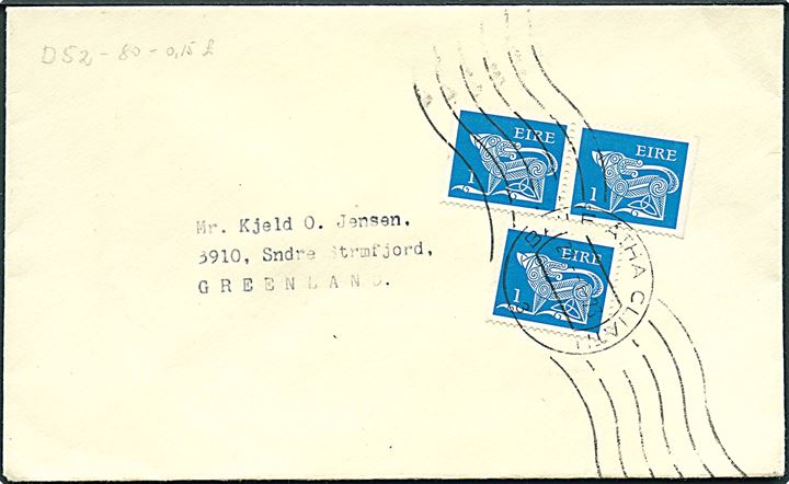 1d (3) på brev annulleret med håndrullestempel i Dublin d. 27.1.1973 til Sdr. Strømfjord, Grønland.