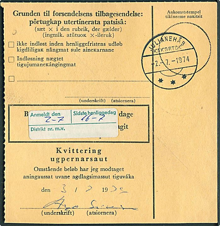 Ufrankeret opkrævnings-postanvisning fra Julianehåb d. 2.7.1974 til Igaliko.