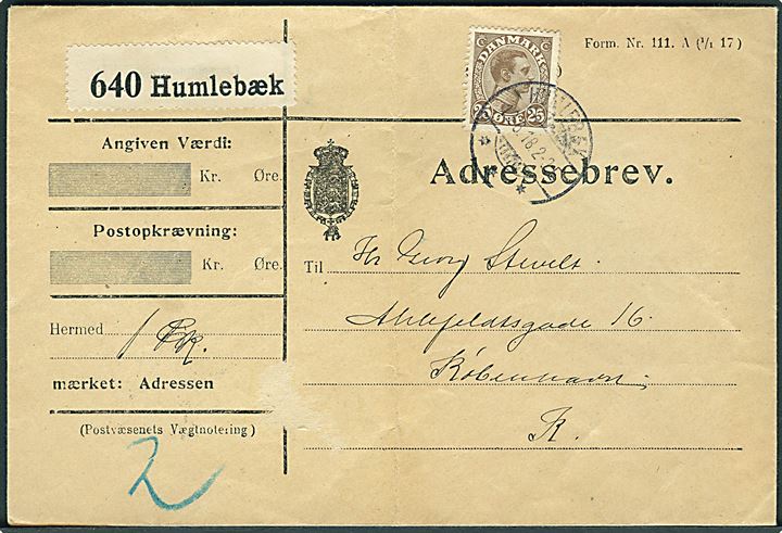 25 øre Chr. X single på adressebrev for pakke fra Humlebæk d. 19.6.1918 til København.