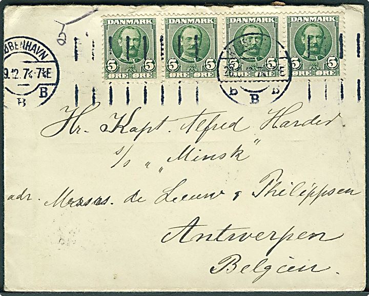 5 øre Fr. VIII i 4-stribe på brev fra Kjøbenhavn d. 20.9.1912 til kapt. ombord på S/S Minsk i Antwerpen, Belgien.