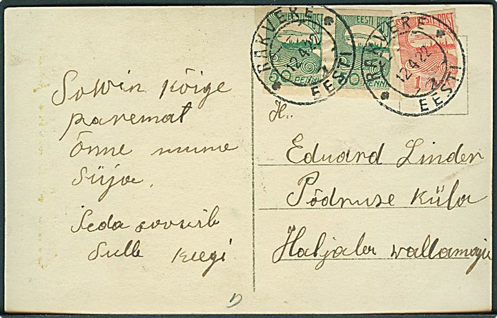 50 pen. (par) og 1 mk. Tallinn Skyline utakket på indenrigs brevkort fra Rakvere d. 12.4.1922.