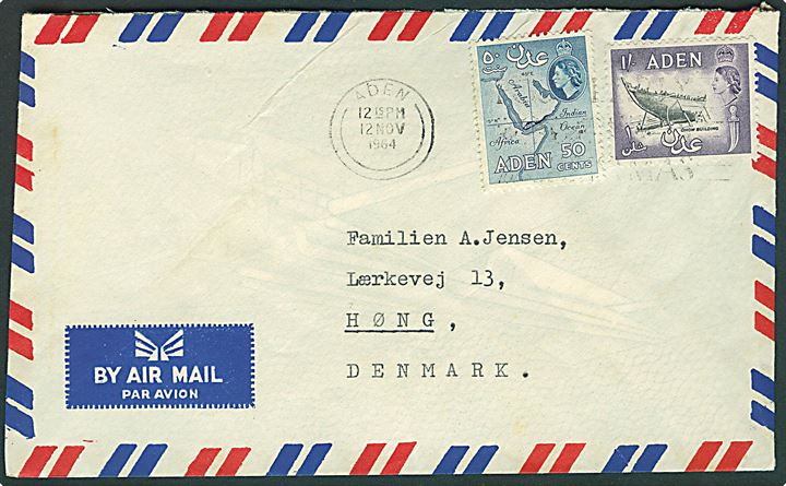 50 c. og 1 sh. Elizabeth på luftpostbrev fra Aden d. 12.11.1964 til Høng, Danmark. Fra sømand ombord på M/S Basra.