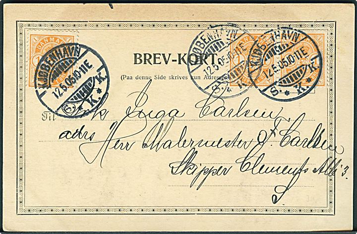 1 øre Våben (3) på lokalt brevkort (Børnehjælpsdagen 1905) stemplet Kjøbenhavn S.*K.*K. d. 12.5.1905.