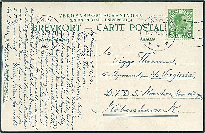 5 øre Chr. X på brevkort (Nakkehoved fyr) fra Aarhus d. 12.7.1915 til III. styrmand ombord på S/S Virginia via DFDS kontor i København.