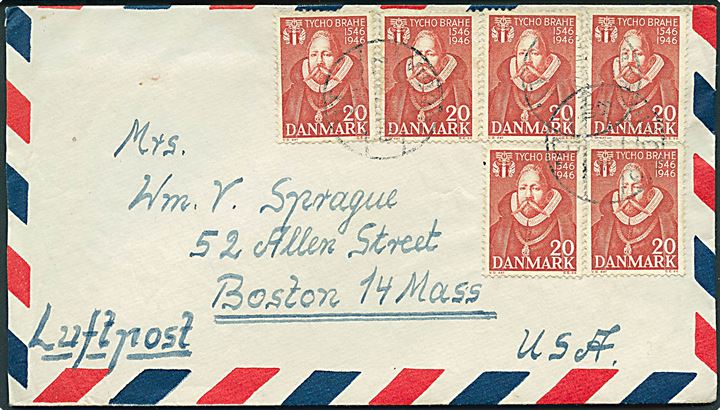 20 øre Thyco Brahe (6) på luftpostbrev fra Viborg B. 23.4.1947 til Boston, USA.
